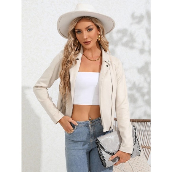 vegan suede Zip Up Solid Moto Jacket camel brown tan - Picture 9 of 12